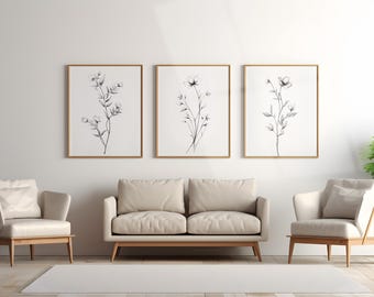 Set di 3 stampe artistiche di fiori, download digitale, stampe floreali minimali, schizzo monocromatico di fiori selvatici, arte botanica