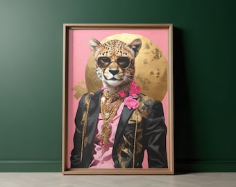 Stylish Pink Cheetah Maximalist Printable Wall Art, Trendy Preppy Dorm Room Decor, Dopamine Decor, Digital download