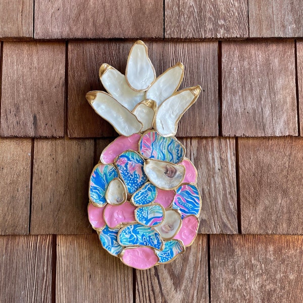 Mini Oyster Shell Pineapple Decor for Beach House Blue Pink Abstract Print Seashell Decor Ocean Inspired Art Housewarming Gift for Friend