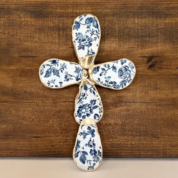 Oyster Shell Cross for Home Blue and White Floral Oyster Shell Wall Art for Housewarming Gift for Friend Shell Wall Art for Beach Decor