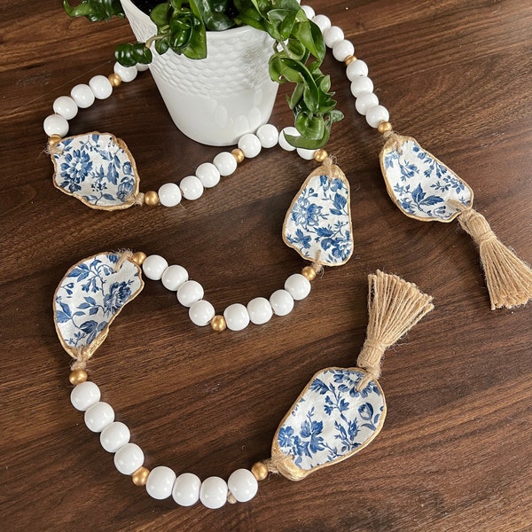 Oyster Shell Garland for Beach House Table Decor Blue and White Floral Oyster Shell Art for Beach House Art Housewarming Gift for Friend