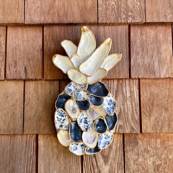 Mini Oyster Shell Pineapple Decor for Beach House Blue and White Floral Seashell Decor for Ocean Inspired Art Housewarming Gift for Friend
