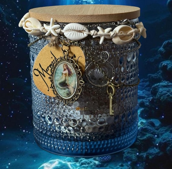 Mermaid Treasure Jar with Handmade Charms – Blue Glass Shell Jar, Ocean Decor, Vintage Mermaid Pendant, Nautical Gift, Beach, Set Jewelry