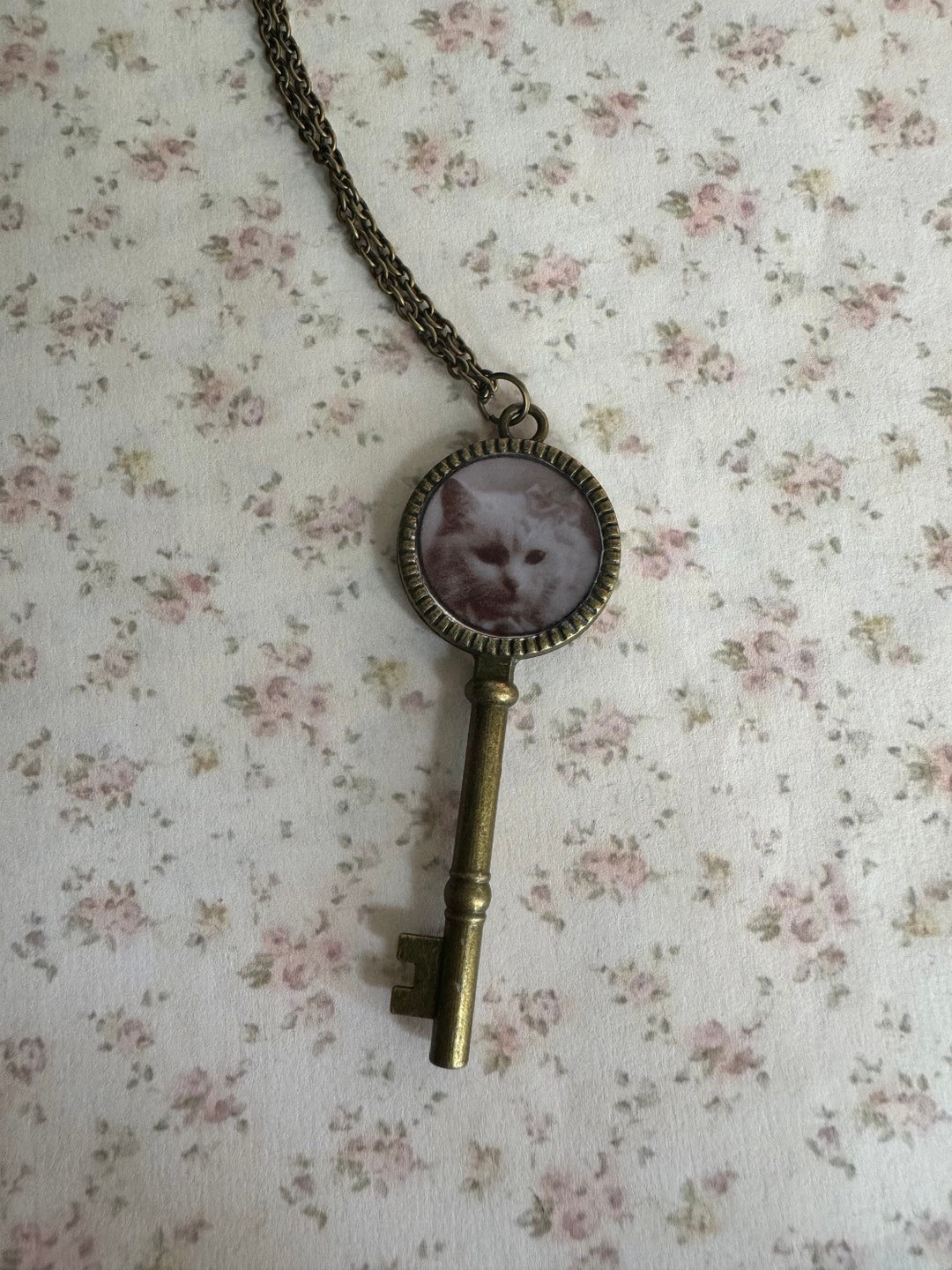 Vintage Style Cat Print Jewelry , Epoxy Bronze Key Pedant Necklace