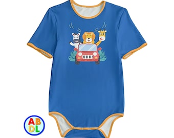 May include: A blue short-sleeved bodysuit with a yellow trim. The bodysuit features a graphic of a red car with a zebra, lion, and giraffe inside. The car is surrounded by green leaves.