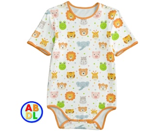 May include: White baby onesie with short sleeves and an orange trim. The onesie has a repeating pattern of animal faces, including lions, tigers, elephants, frogs, and hippos.