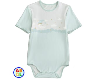 May include: A light blue baby onesie with a white and light blue moon and cloud design. The moon has a sleeping face and a yellow star on top. There are small yellow stars scattered throughout the design.