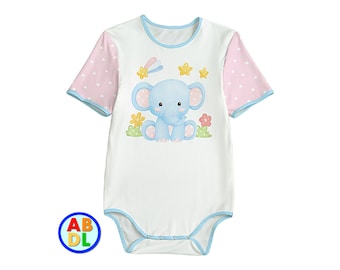 May include: A white baby onesie with short sleeves and a blue trim. The onesie has a pink and white polka dot pattern on the sleeves and a blue elephant with a butterfly and stars on the front.