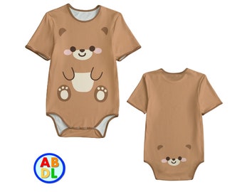 May include: A brown short-sleeved bodysuit with a cartoon bear on the front and a cartoon bear on the back. The bear has a white belly and brown paws. The bodysuit has a snap closure at the bottom.