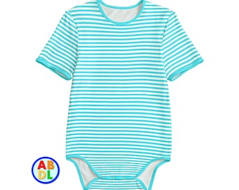 May include: A turquoise and white striped baby onesie with short sleeves and snap closures.