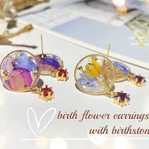 Handmade Birth Month Flower Earrings Real Pressed Flower Resin Jewelry With Birthstones Unique Birthday Gifts