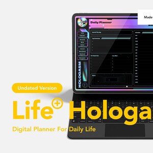 Puede incluir: Una plantilla de planificador digital para la aplicación GoodNotes, con un diseño holográfico con el texto "Life Hologasm" y "Daily Planner". La plantilla se muestra en una tableta con un teclado negro y un lápiz.