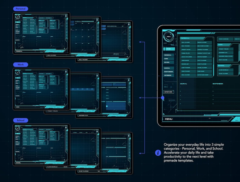 Life+ Neon-noir Digital Planner - Organize your life into 3 simple categories of personal, work, and school.