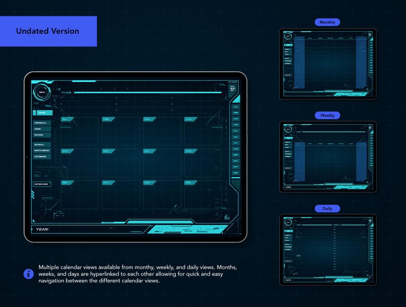 Life+ Neon-noir Digital Planner - multiple calendar views available from monthly, weekly, and daily views.
