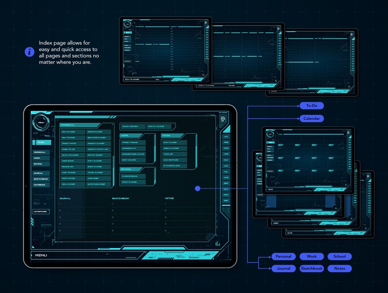 Life+ Neon-noir Digital Planner - Menu page allows for quick access to all your pages and sections.