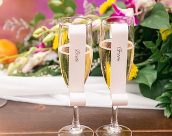 Champagne Glass Scroll Tags for Seating Chart - Custom Wedding Place Cards - Sip and Be Seated Escort Cards - Minimalist Drink Tags