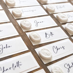 May include: A collection of rectangular white place cards featuring black handwritten names such as Matthew, Adri, John, Charlotte, Jana, Beth, Chris, and Shelby, each accented with a small, textured white sand dollar shell piece.