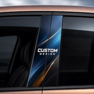 May include: A car door pillar decal featuring a dark blue and black abstract wave pattern with gold accents. The text CUSTOM DESIGN is printed in white, bold, sans-serif capital letters in the center of the vertical pillar trim piece.