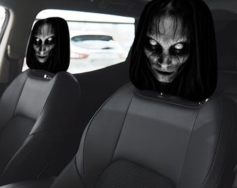 Creepy Possessed Girl Car Headrest Covers Set of 2, Scary Horror Auto Seat Covers, Halloween Car Interior Decor, Gothic Car Accessory