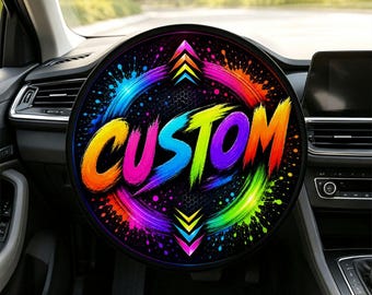 Personalized Steering Wheel Sun Shade Cover, Rainbow Custom Text on Black, 17.7 Inch