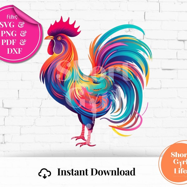 SVG Poulet Coq Clip art, dxf PNG PDF, coloré Année du Coq Poulet clip art pour sublimation autocollants téléchargement instantané Ferme png