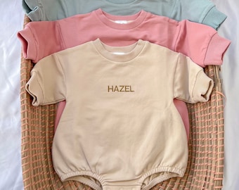 Personalized Sweatshirt Romper - Neutral Embroidered toddler Clothes - Pregnancy or Baby Name Announcement - Newborn gift - organic cotton