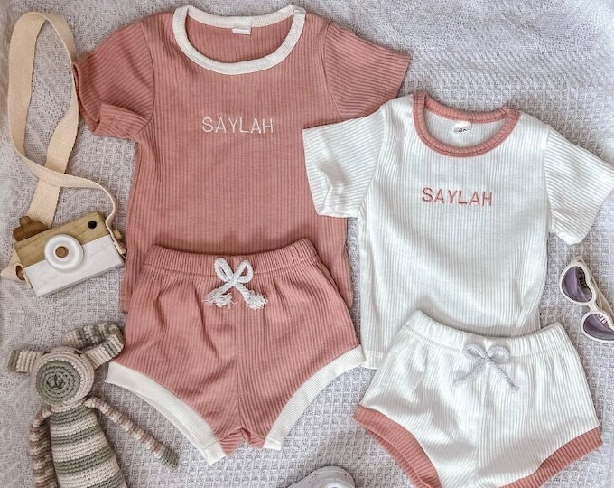 Personalized Baby Summer Shorts Set - Toddler Outfit - Embroidered Ribbed gender neutral Clothes - gift for twins, siblings or newborn