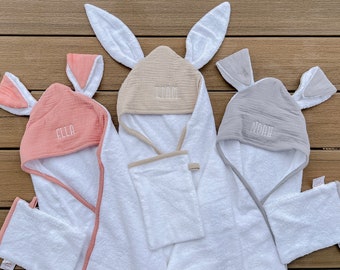 Organic Cotton Personalized Baby Hooded Towel - With washcloth glove - Bunny ears with name- Easter Gift- Baby Shower or newborn gift