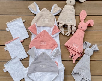 Organic Cotton Personalized Baby Hooded Towel and bunny lovey - baby security blanket - Easter Gift- Baby Shower or newborn gift set