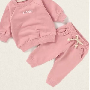 Personalized Baby Jogger Set Toddler Track Suit with Embroidered Name Gender Neutral Sweatshirt outfit Baby Shower or Birthday gift Dusty Pink