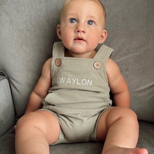 Personalized Baby Short Romper Overalls Neutral Custom Toddler Outfit for Summer Embroidered Baby Boy Clothes Organic Cotton image 2