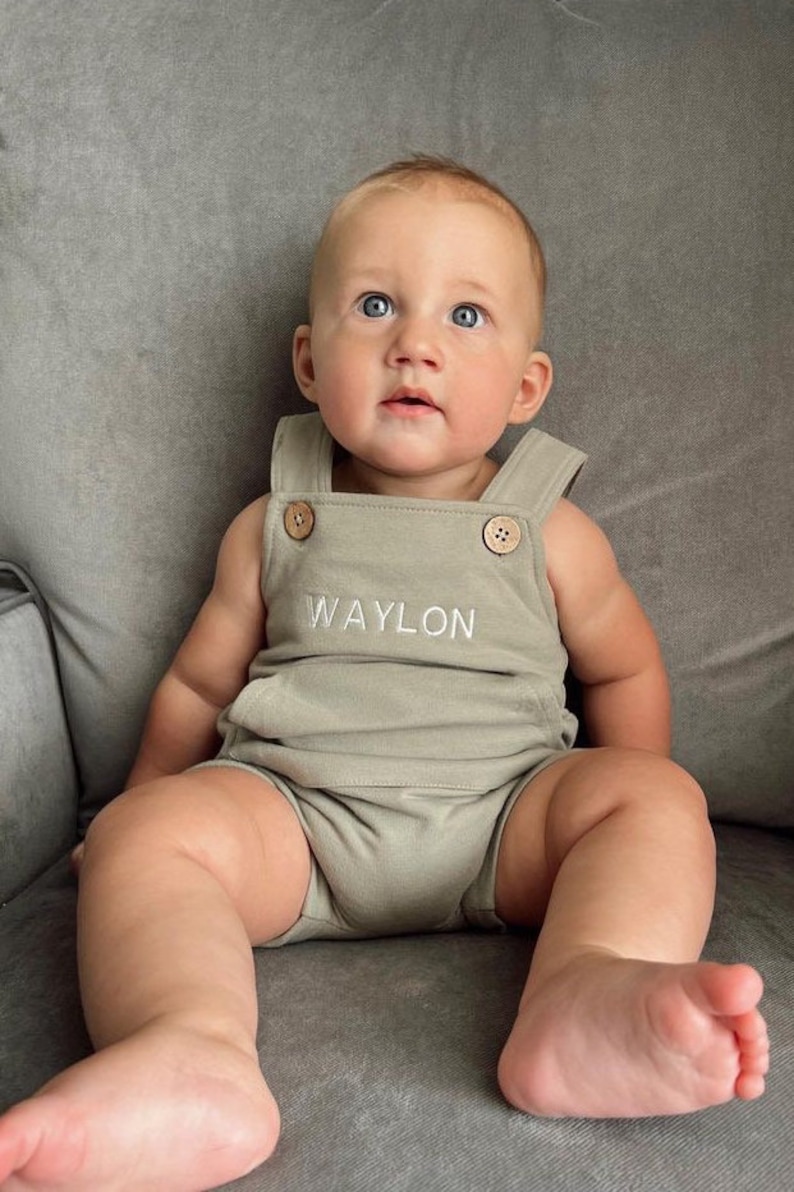 Personalized Baby Short Romper Overalls Neutral Custom Toddler Outfit for Summer Embroidered Baby Boy Clothes Organic Cotton image 2