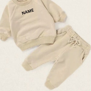 Personalized Baby Jogger Set Toddler Track Suit with Embroidered Name Gender Neutral Sweatshirt outfit Baby Shower or Birthday gift Beige