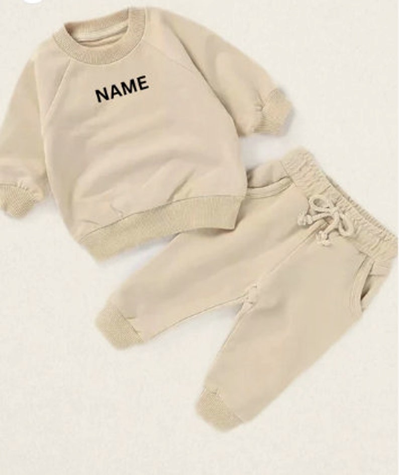 Personalized Baby Jogger Set Toddler Track Suit with Embroidered Name Gender Neutral Sweatshirt outfit Baby Shower or Birthday gift Beige