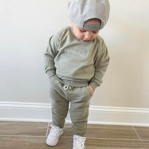 Personalized Baby Jogger Set Toddler Track Suit with Embroidered Name Gender Neutral Sweatshirt outfit Baby Shower or Birthday gift image 1