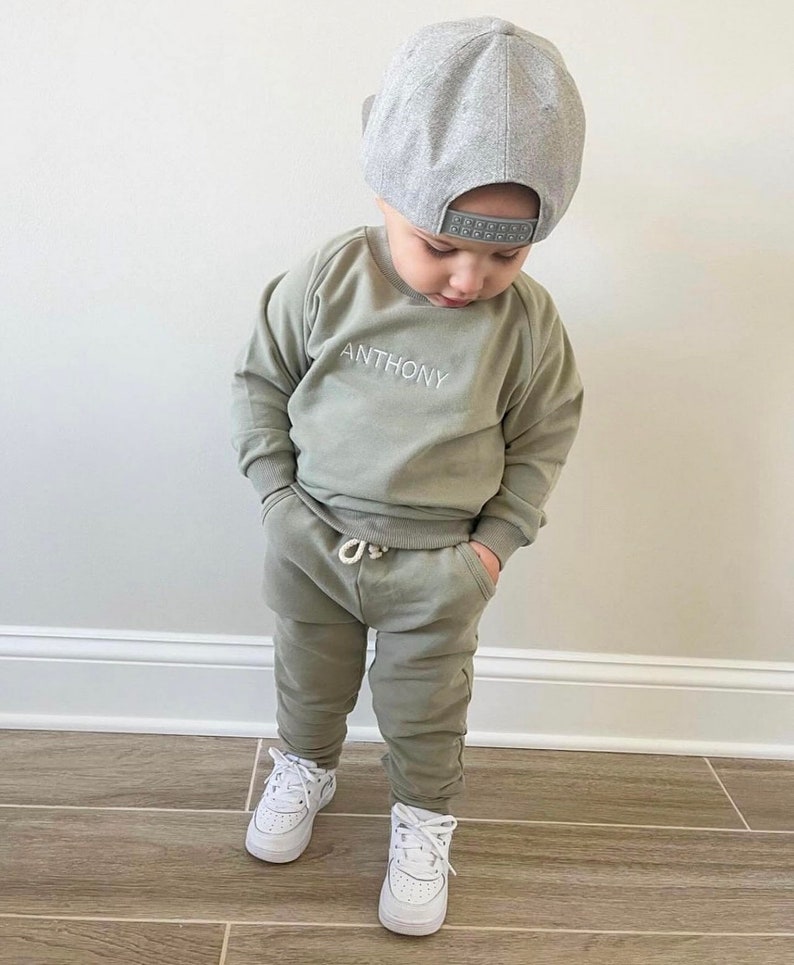 Personalized Baby Jogger Set Toddler Track Suit with Embroidered Name Gender Neutral Sweatshirt outfit Baby Shower or Birthday gift image 1