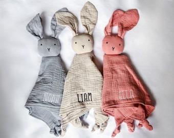 Organic Cotton Personalized Baby Lovey - Animal Muslin Security Blanket - Bunny Comforter w/ name- Easter Gift- Baby Shower and newborn gift