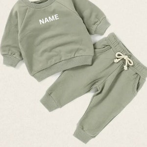 Personalized Baby Jogger Set Toddler Track Suit with Embroidered Name Gender Neutral Sweatshirt outfit Baby Shower or Birthday gift Sage Green