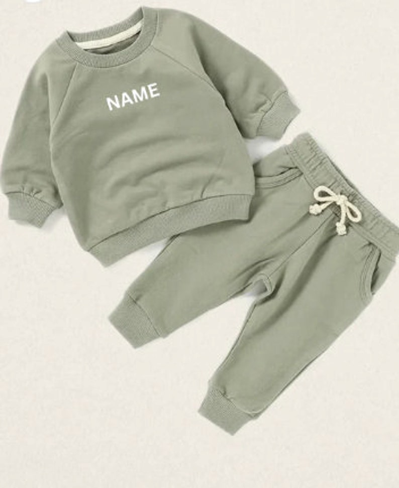 Personalized Baby Jogger Set Toddler Track Suit with Embroidered Name Gender Neutral Sweatshirt outfit Baby Shower or Birthday gift Sage Green