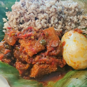Ofada rice and ofada stew combo (half pan)