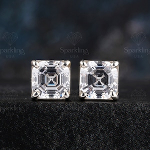 VVS1 Moissanite Asscher Cut Stud Earrings: Sterling Silver Screw Back