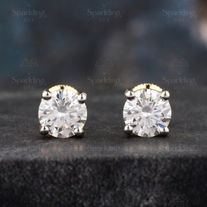 Certified D VVS1 Round Moissanite Solitaire Stud Earrings, Solid Gold & 925 Silver Stud, Perfect Gift for Birthday, Anniversary, Valentine's