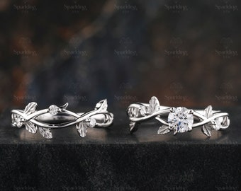 Branch Design Leaf Round Moissanite Twig Ring Set, White Gold Nature Inspired Wedding Ring, Unique Anniversary Promise Bridal Ring Set.