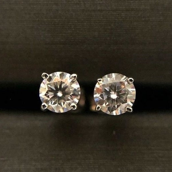 Certified VVS1 Moissanite Solitaire Stud Earrings Screw-Backs, Round studs earring, simple classic women's earrings.