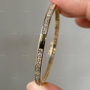 3MM Round Cut Moissanite Diamond Bangle, 14K Yellow Gold Bracelet for Women, Minimalist Daily Wear Jewelry, Wedding or Anniversary Gift.