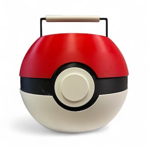 May include: A red, black, and white spherical container with a handle. The top half is red, the middle is black, and the bottom half is white. A white circle is centered on the black band. The handle is black with a white grip.