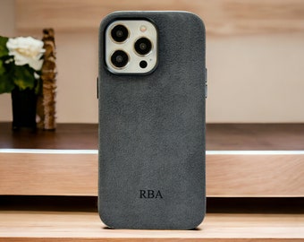 Funda personalizada para iPhone Alcantara, funda personalizada para iPhone, personaliza con tu nombre, iniciales o un icono especial, iPhone 15 iPhone 14 iPhone 13