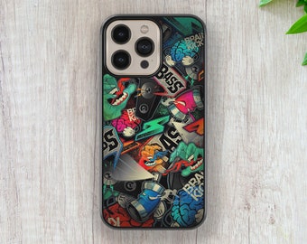 May include: A black phone case with a colorful graphic design featuring a variety of stickers and the word "Bass".