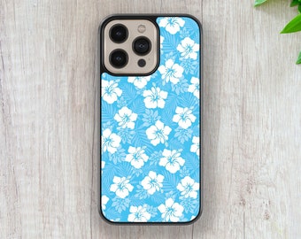 May include: A blue phone case with a white floral pattern. The case has a black border and a camera lens cutout.