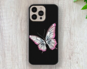 Pink Butterfly Black Phone Case, Shockproof iPhone & Samsung Cover
